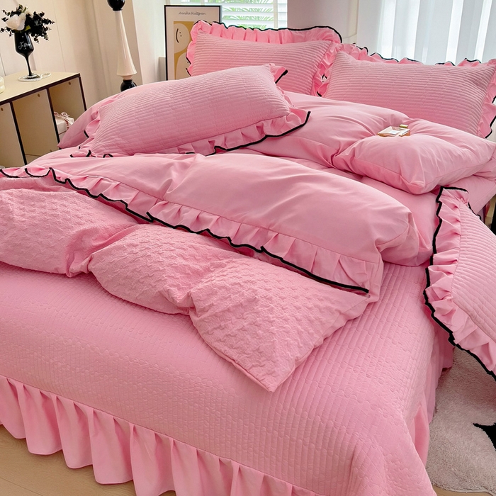 91家纺网 家纺一手货源 找家纺 畅畅家纺 2025新款时尚柔软水洗棉床盖被套四件套 粉色