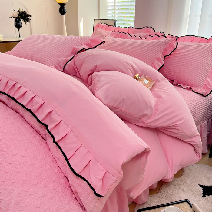 91家纺网 家纺一手货源 找家纺 畅畅家纺 2025新款时尚柔软水洗棉床盖被套四件套 粉色