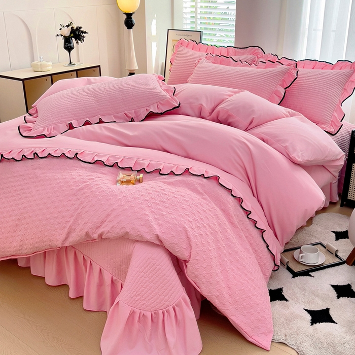 91家纺网 家纺一手货源 找家纺 畅畅家纺 2025新款时尚柔软水洗棉床盖被套四件套 粉色