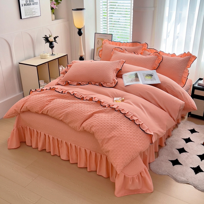 畅畅家纺 2025新款时尚柔软水洗棉床盖被套四件套 橘粉