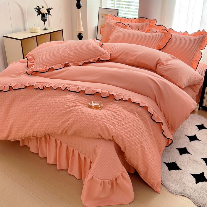 91家纺网 家纺一手货源 找家纺 畅畅家纺 2025新款时尚柔软水洗棉床盖被套四件套 橘粉