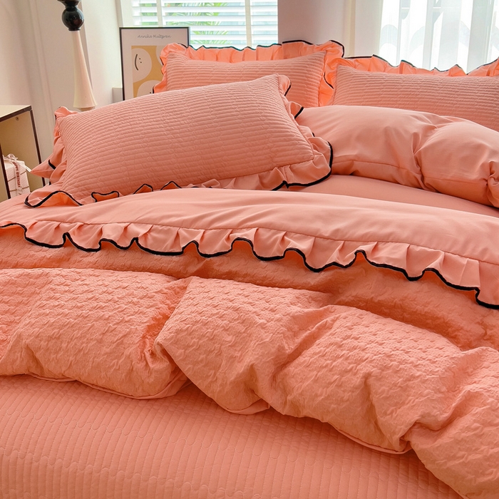 91家纺网 家纺一手货源 找家纺 畅畅家纺 2025新款时尚柔软水洗棉床盖被套四件套 橘粉