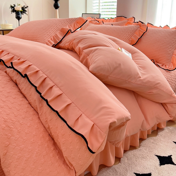 91家纺网 家纺一手货源 找家纺 畅畅家纺 2025新款时尚柔软水洗棉床盖被套四件套 橘粉