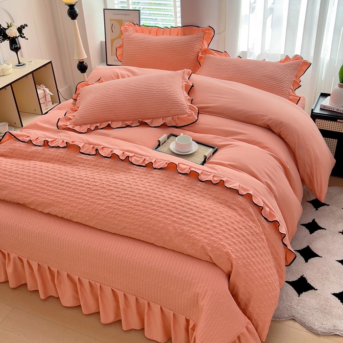 91家纺网 家纺一手货源 找家纺 畅畅家纺 2025新款时尚柔软水洗棉床盖被套四件套 橘粉