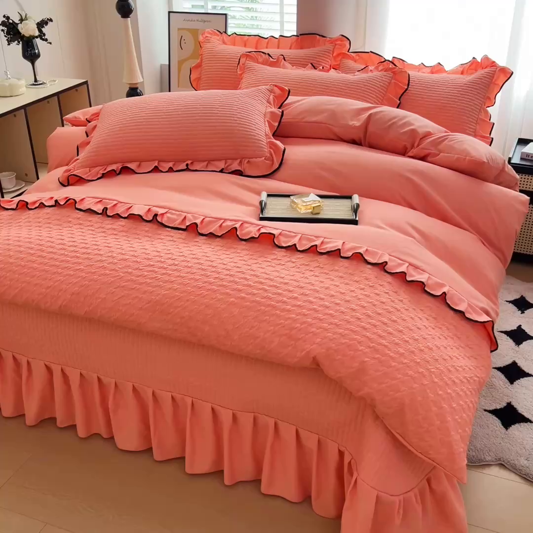 91家纺网 家纺一手货源 找家纺 畅畅家纺 2025新款时尚柔软水洗棉床盖被套四件套 橘粉