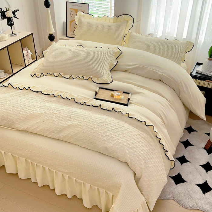 91家纺网 家纺一手货源 找家纺 畅畅家纺 2025新款时尚柔软水洗棉床盖被套四件套 米白