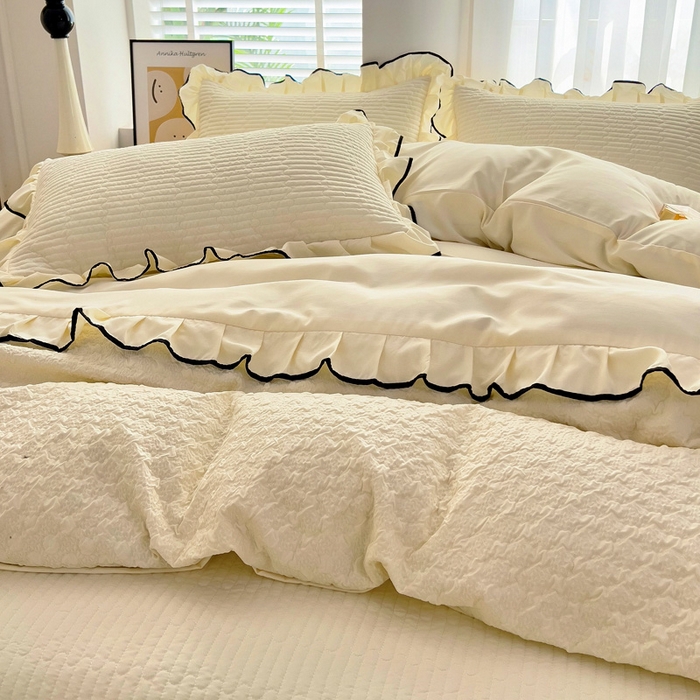 91家纺网 家纺一手货源 找家纺 畅畅家纺 2025新款时尚柔软水洗棉床盖被套四件套 米白