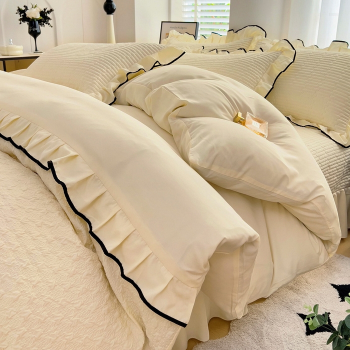 91家纺网 家纺一手货源 找家纺 畅畅家纺 2025新款时尚柔软水洗棉床盖被套四件套 米白