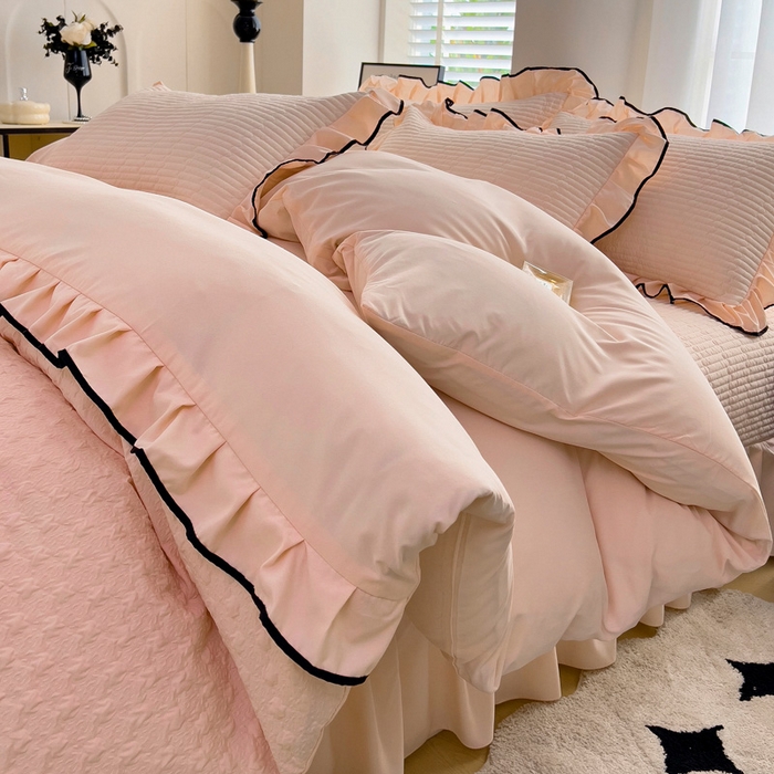 91家纺网 家纺一手货源 找家纺 畅畅家纺 2025新款时尚柔软水洗棉床盖被套四件套 藕粉