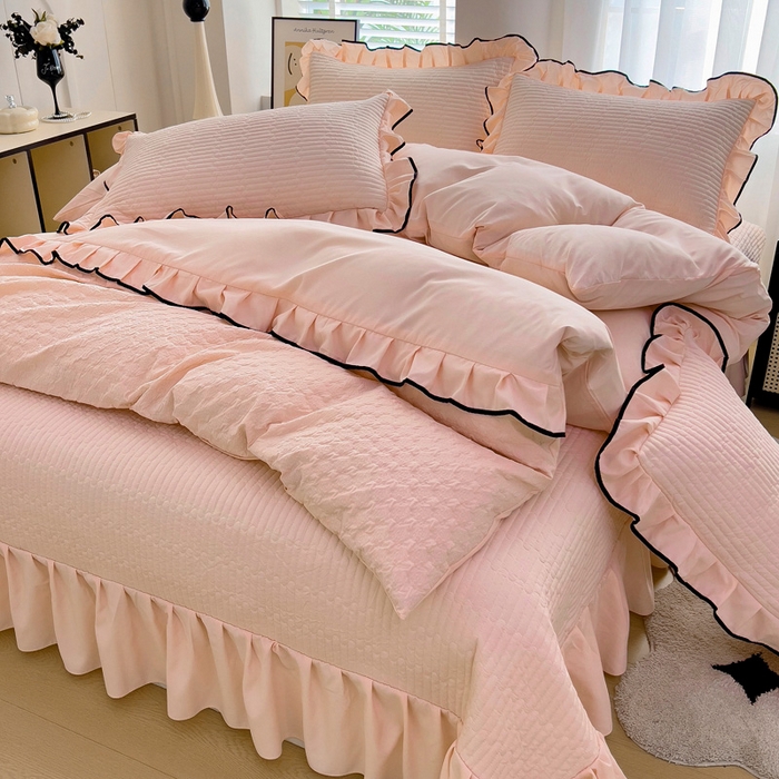 91家纺网 家纺一手货源 找家纺 畅畅家纺 2025新款时尚柔软水洗棉床盖被套四件套 藕粉