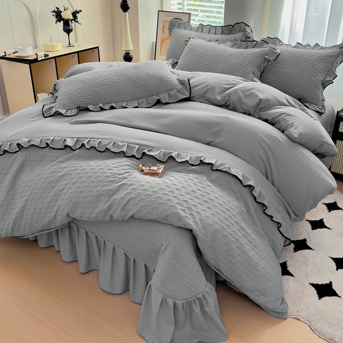 91家纺网 家纺一手货源 找家纺 畅畅家纺 2025新款时尚柔软水洗棉床盖被套四件套 绅士灰