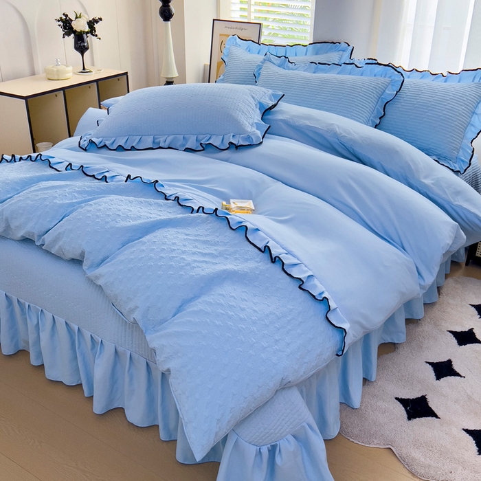 畅畅家纺 2025新款时尚柔软水洗棉床盖被套四件套 深蓝