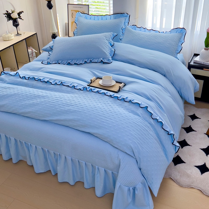 91家纺网 家纺一手货源 找家纺 畅畅家纺 2025新款时尚柔软水洗棉床盖被套四件套 深蓝