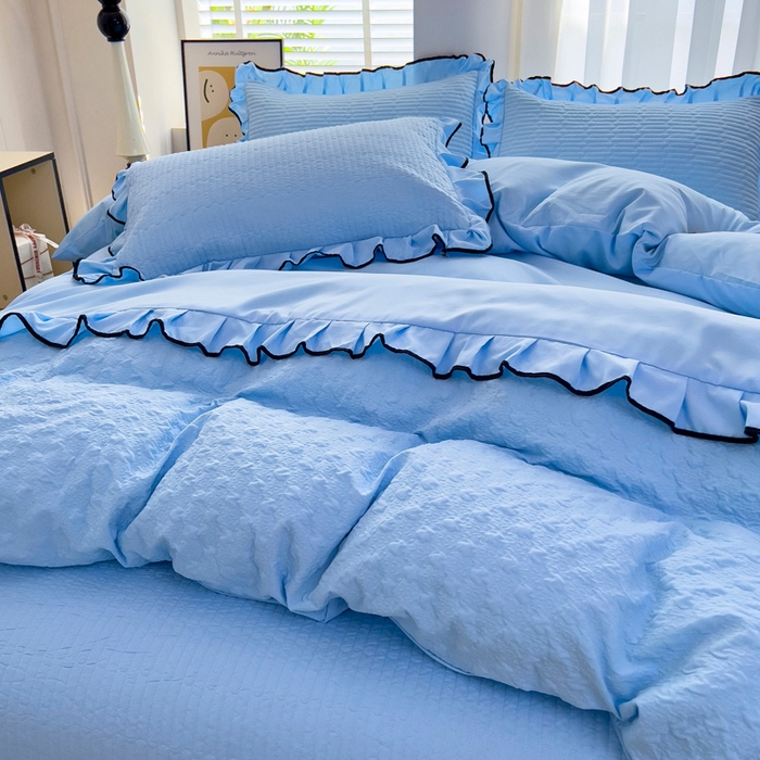 91家纺网 家纺一手货源 找家纺 畅畅家纺 2025新款时尚柔软水洗棉床盖被套四件套 深蓝