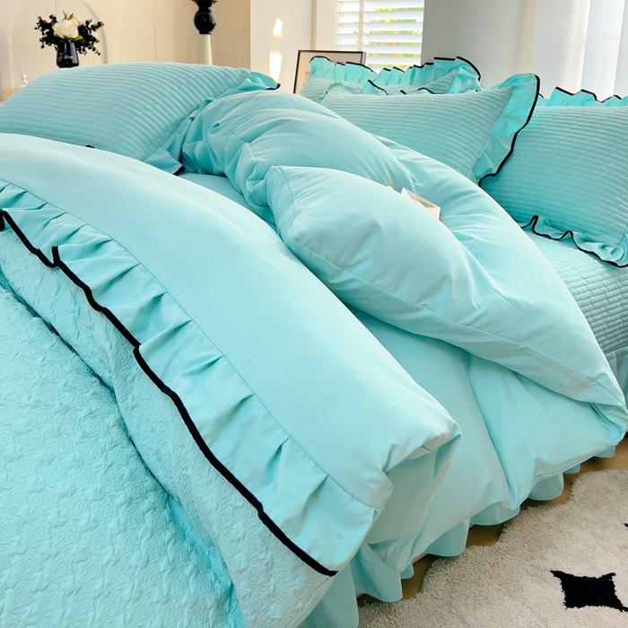 91家纺网 家纺一手货源 找家纺 畅畅家纺 2025新款时尚柔软水洗棉床盖被套四件套 水绿