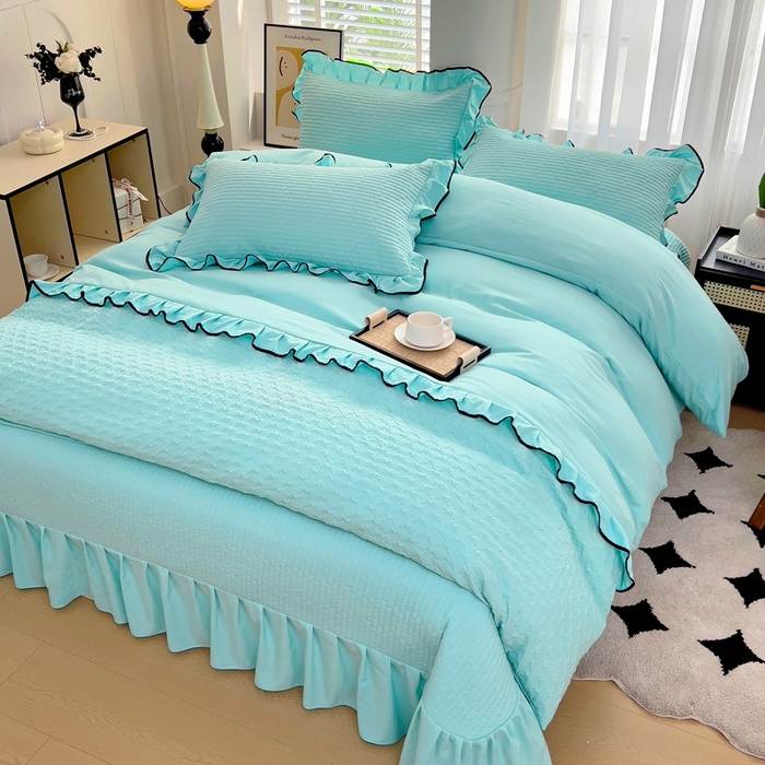 91家纺网 家纺一手货源 找家纺 畅畅家纺 2025新款时尚柔软水洗棉床盖被套四件套 水绿