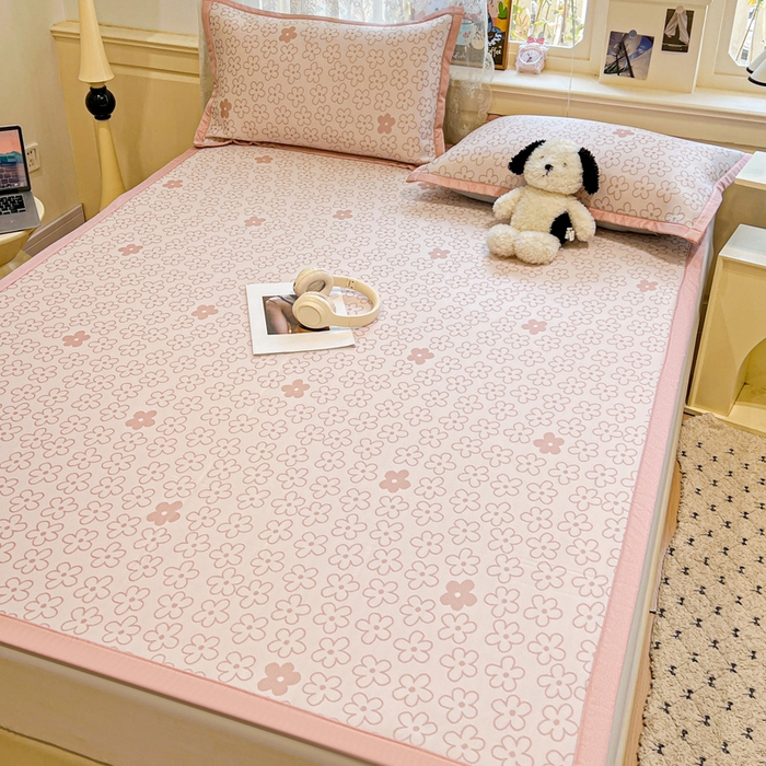 91家纺网 家纺一手货源 找家纺 2025新款A类高分子色织提花软凉席（平铺床席款） 小美满粉