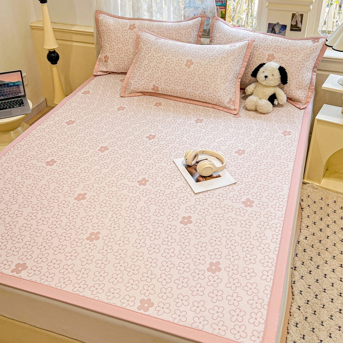 91家纺网 家纺一手货源 找家纺 2025新款A类高分子色织提花软凉席（平铺床席款） 小美满粉