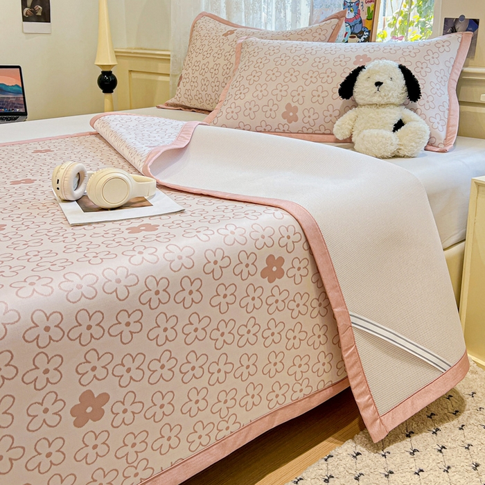 91家纺网 家纺一手货源 找家纺 2025新款A类高分子色织提花软凉席（平铺床席款） 小美满粉