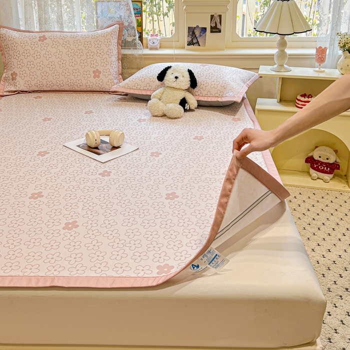 91家纺网 家纺一手货源 找家纺 2025新款A类高分子色织提花软凉席（平铺床席款） 小美满粉