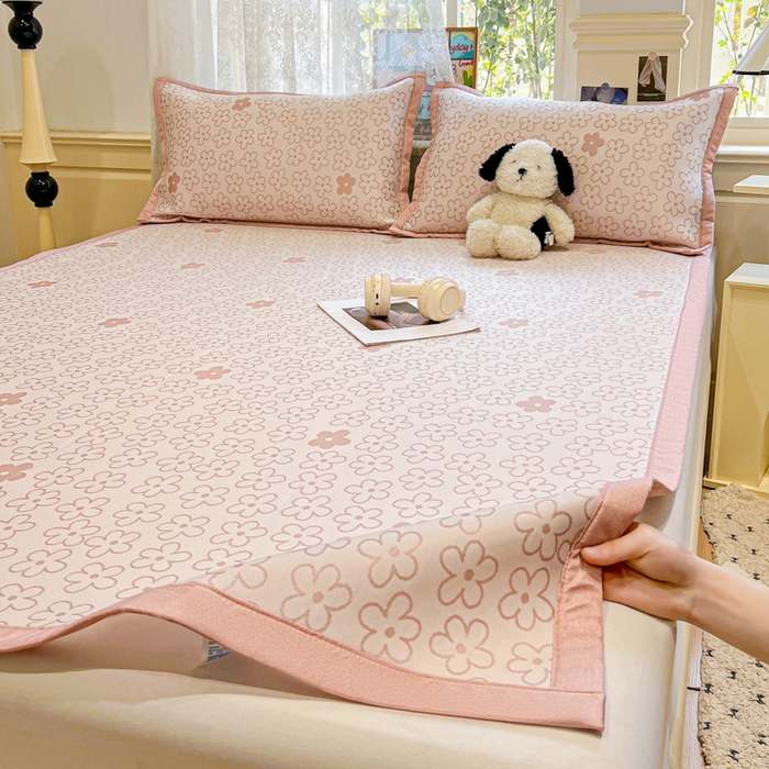 91家纺网 家纺一手货源 找家纺 2025新款A类高分子色织提花软凉席（平铺床席款） 小美满粉