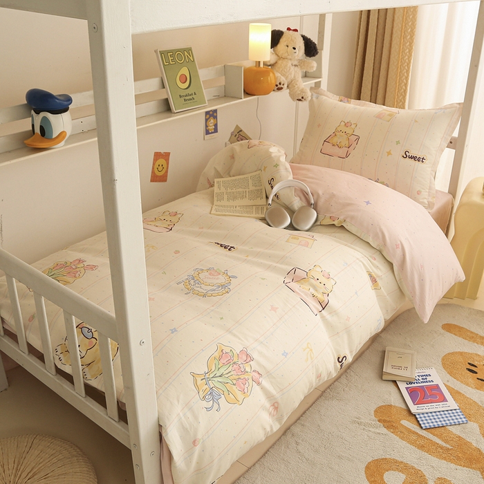 91家纺网 家纺一手货源 找家纺 天之爱 2025新款全棉纯棉印花三件套学生六件套 甜心可爱猫