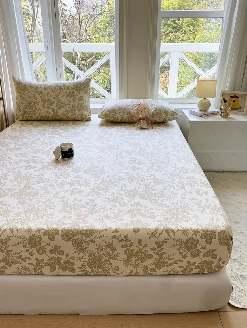 91家纺网 家纺一手货源 找家纺 韩巢家纺 2025新款全棉纯棉田园小清新花卉老粗布席子凉席夏季凉席席子床笠款床套 枫叶