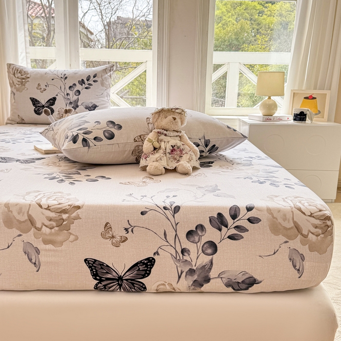 91家纺网 家纺一手货源 找家纺 韩巢家纺 2025新款全棉纯棉田园小清新花卉老粗布席子凉席夏季凉席席子床笠款床套 花蝶纷飞