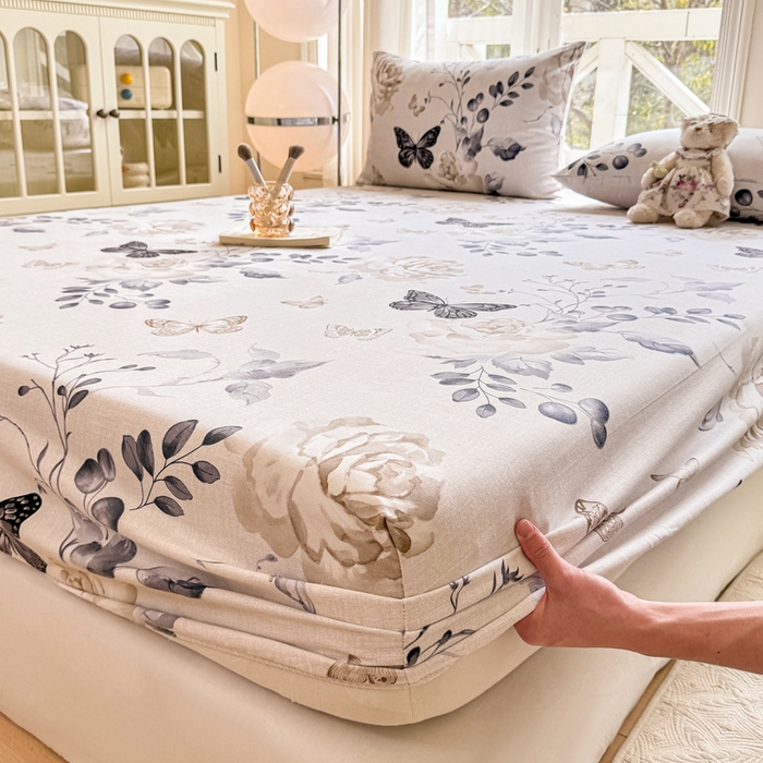 91家纺网 家纺一手货源 找家纺 韩巢家纺 2025新款全棉纯棉田园小清新花卉老粗布席子凉席夏季凉席席子床笠款床套 花蝶纷飞