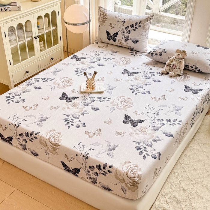 91家纺网 家纺一手货源 找家纺 韩巢家纺 2025新款全棉纯棉田园小清新花卉老粗布席子凉席夏季凉席席子床笠款床套 花蝶纷飞