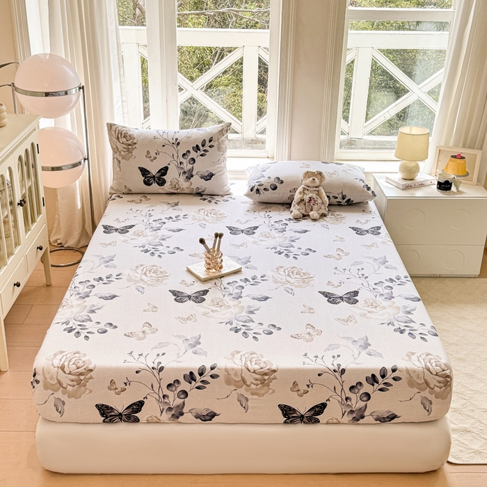 91家纺网 家纺一手货源 找家纺 韩巢家纺 2025新款全棉纯棉田园小清新花卉老粗布席子凉席夏季凉席席子床笠款床套 花蝶纷飞