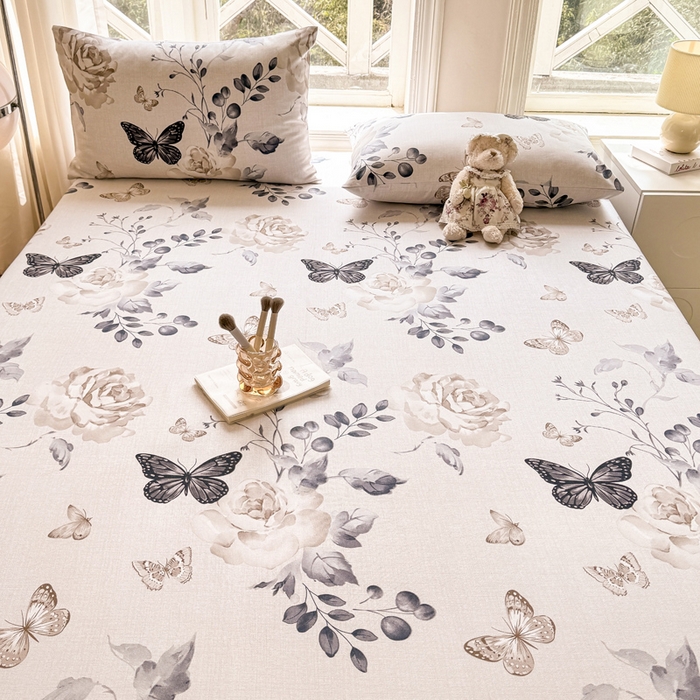 91家纺网 家纺一手货源 找家纺 韩巢家纺 2025新款全棉纯棉田园小清新花卉老粗布席子凉席夏季凉席席子床笠款床套 花蝶纷飞