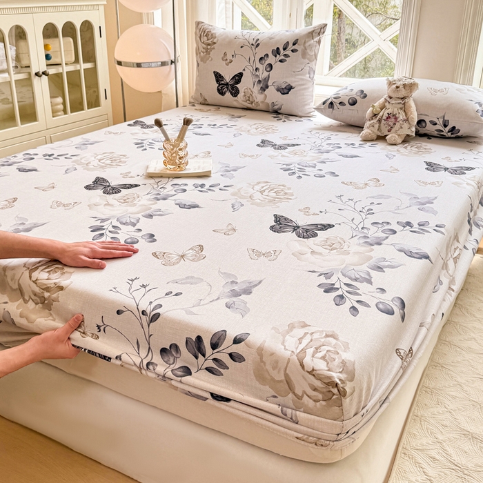 91家纺网 家纺一手货源 找家纺 韩巢家纺 2025新款全棉纯棉田园小清新花卉老粗布席子凉席夏季凉席席子床笠款床套 花蝶纷飞