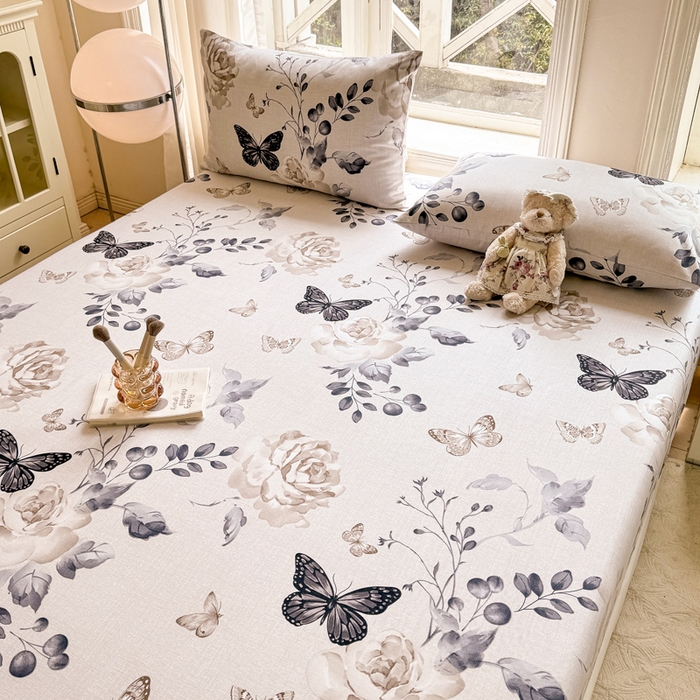 91家纺网 家纺一手货源 找家纺 韩巢家纺 2025新款全棉纯棉田园小清新花卉老粗布席子凉席夏季凉席席子床笠款床套 花蝶纷飞