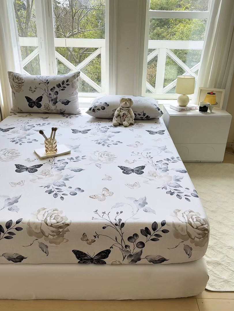 91家纺网 家纺一手货源 找家纺 韩巢家纺 2025新款全棉纯棉田园小清新花卉老粗布席子凉席夏季凉席席子床笠款床套 花蝶纷飞