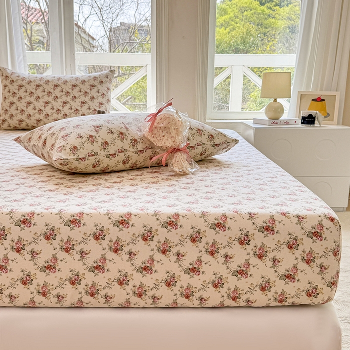 91家纺网 家纺一手货源 找家纺 韩巢家纺 2025新款全棉纯棉田园小清新花卉老粗布席子凉席夏季凉席席子床笠款床套 花海粉