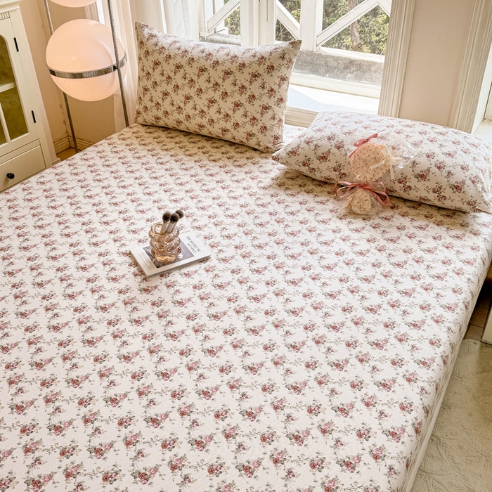 91家纺网 家纺一手货源 找家纺 韩巢家纺 2025新款全棉纯棉田园小清新花卉老粗布席子凉席夏季凉席席子床笠款床套 花海粉