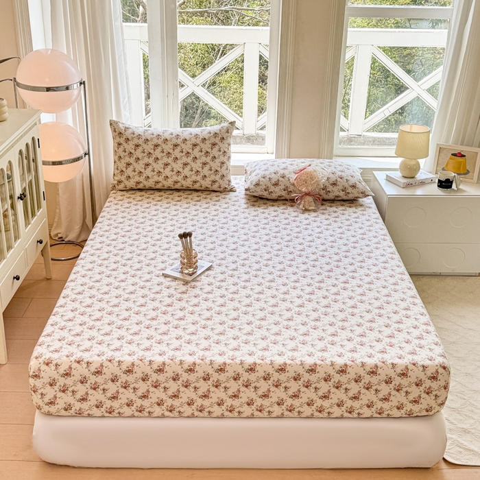 91家纺网 家纺一手货源 找家纺 韩巢家纺 2025新款全棉纯棉田园小清新花卉老粗布席子凉席夏季凉席席子床笠款床套 花海粉