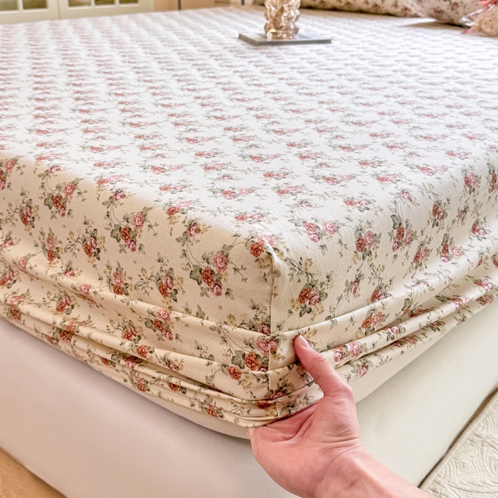 91家纺网 家纺一手货源 找家纺 韩巢家纺 2025新款全棉纯棉田园小清新花卉老粗布席子凉席夏季凉席席子床笠款床套 花海粉