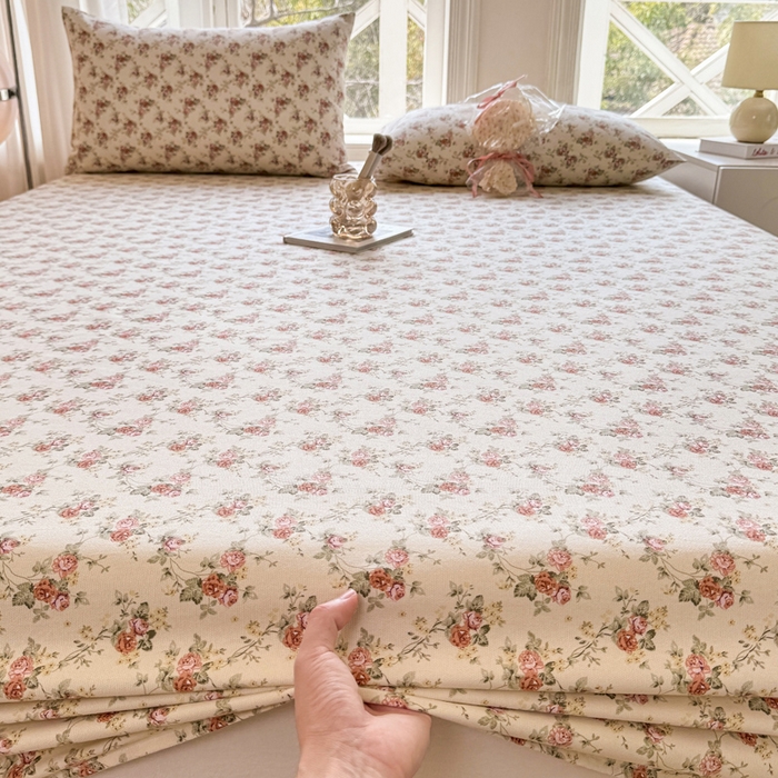 91家纺网 家纺一手货源 找家纺 韩巢家纺 2025新款全棉纯棉田园小清新花卉老粗布席子凉席夏季凉席席子床笠款床套 花海粉