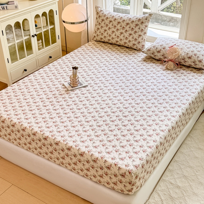 91家纺网 家纺一手货源 找家纺 韩巢家纺 2025新款全棉纯棉田园小清新花卉老粗布席子凉席夏季凉席席子床笠款床套 花海粉