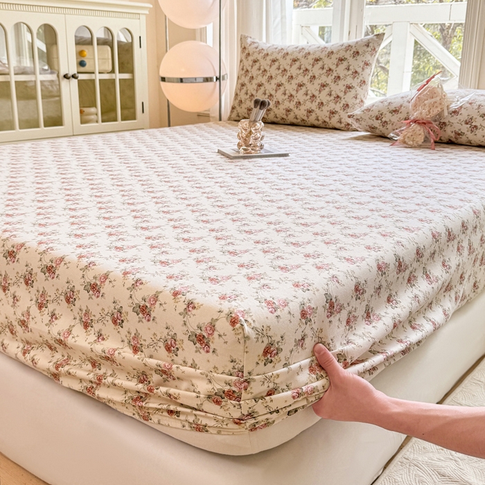 91家纺网 家纺一手货源 找家纺 韩巢家纺 2025新款全棉纯棉田园小清新花卉老粗布席子凉席夏季凉席席子床笠款床套 花海粉