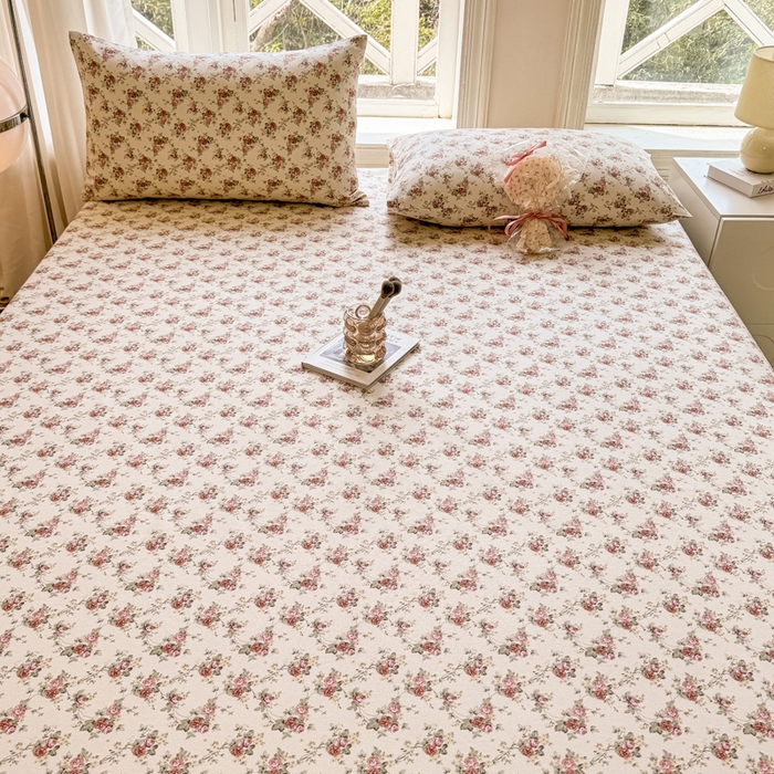 91家纺网 家纺一手货源 找家纺 韩巢家纺 2025新款全棉纯棉田园小清新花卉老粗布席子凉席夏季凉席席子床笠款床套 花海粉