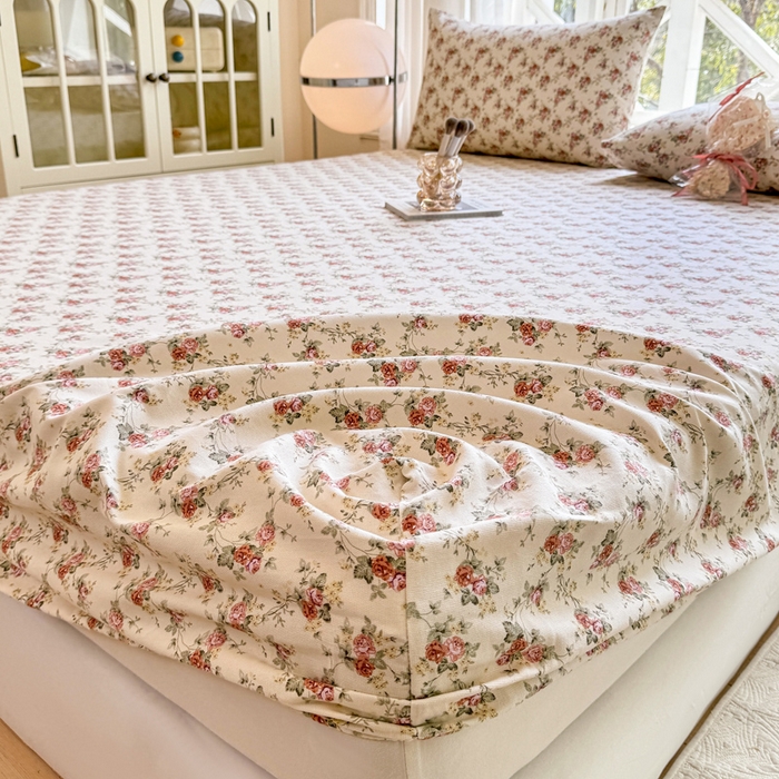 91家纺网 家纺一手货源 找家纺 韩巢家纺 2025新款全棉纯棉田园小清新花卉老粗布席子凉席夏季凉席席子床笠款床套 花海粉