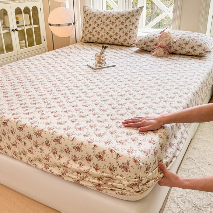 91家纺网 家纺一手货源 找家纺 韩巢家纺 2025新款全棉纯棉田园小清新花卉老粗布席子凉席夏季凉席席子床笠款床套 花海粉