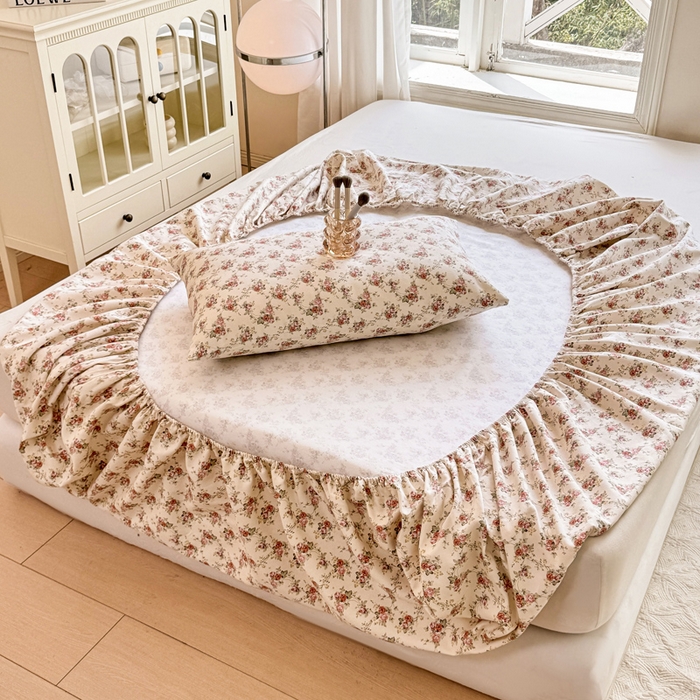 91家纺网 家纺一手货源 找家纺 韩巢家纺 2025新款全棉纯棉田园小清新花卉老粗布席子凉席夏季凉席席子床笠款床套 花海粉