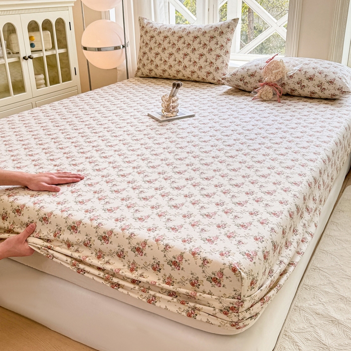 91家纺网 家纺一手货源 找家纺 韩巢家纺 2025新款全棉纯棉田园小清新花卉老粗布席子凉席夏季凉席席子床笠款床套 花海粉