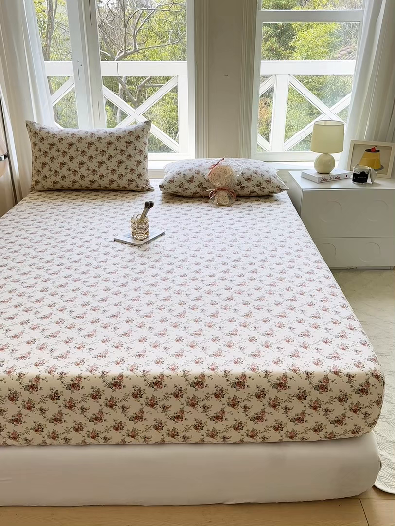 91家纺网 家纺一手货源 找家纺 韩巢家纺 2025新款全棉纯棉田园小清新花卉老粗布席子凉席夏季凉席席子床笠款床套 花海粉