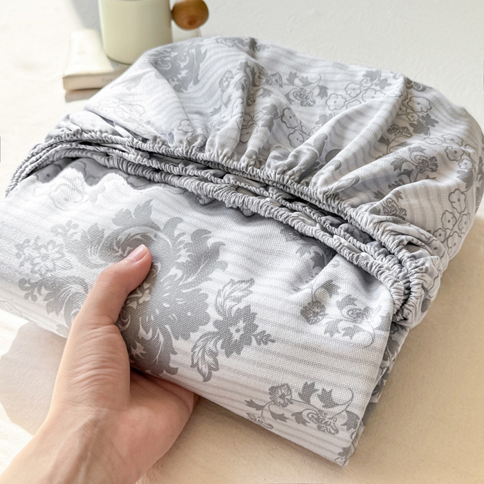 91家纺网 家纺一手货源 找家纺 韩巢家纺 2025新款全棉纯棉田园小清新花卉老粗布席子凉席夏季凉席席子床笠款床套 花开富贵-灰