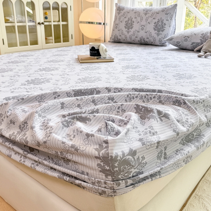 91家纺网 家纺一手货源 找家纺 韩巢家纺 2025新款全棉纯棉田园小清新花卉老粗布席子凉席夏季凉席席子床笠款床套 花开富贵-灰